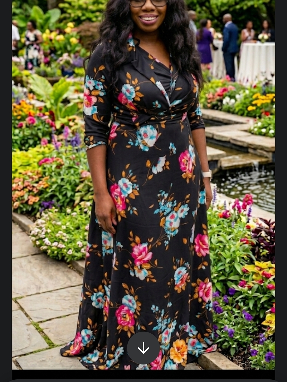 Floral Wrap Maxi Dress - Black with Pink & Teal Blooms